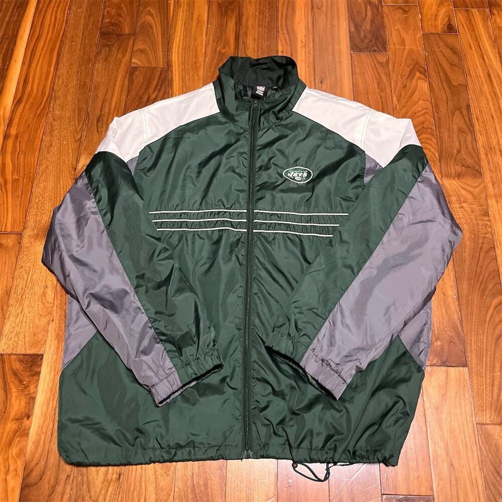 New York Jets Reebok Jacket Mens XL Green Gray White Full Zip Windbreaker